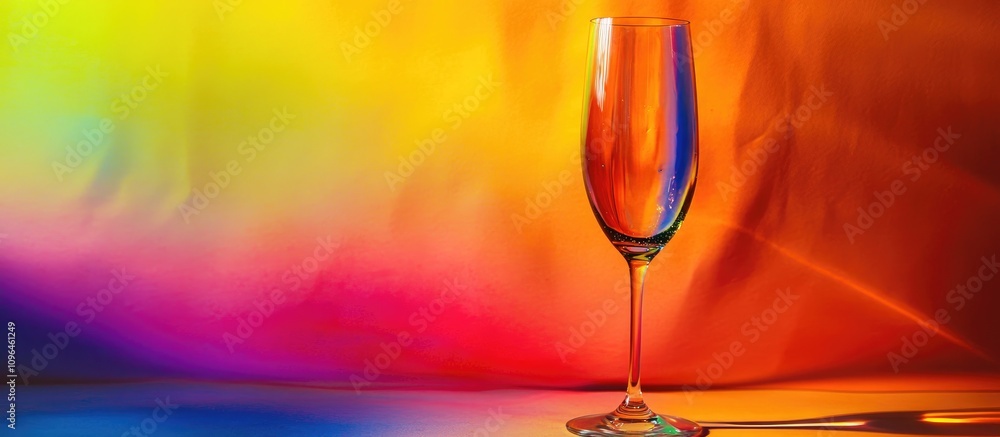 Poster elegant silhouette of an unfilled champagne glass with vibrant rainbow gradient background showcasin