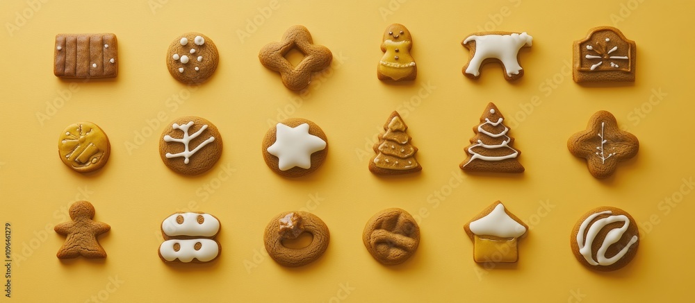Aufkleber gingerbread cookies in festive shapes arranged in a flat lay on a vibrant yellow surface perfect for
