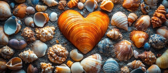 Heart-shaped seashell surrounded by various coastal shell types on sandy beach, capturing nature's beauty and unique ocean treasures.