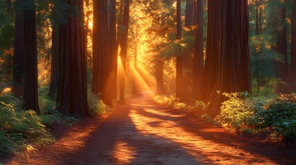 Obraz premium Sunlight streaming through towering redwoods in a serene forest path.