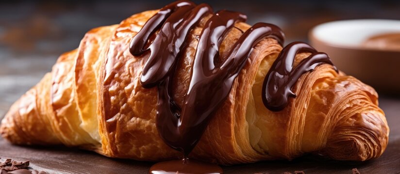 Chocolate drizzled croissant on wooden surface showcasing delicious bakery treats in a bright setting inviting appetite and indulgence