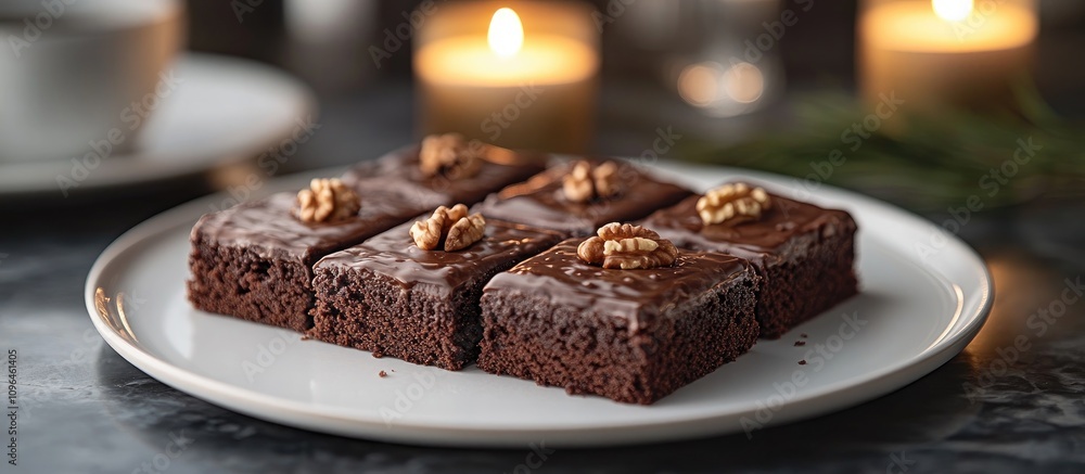 Poster chocolate walnut cake squares on a white plate with warm candle glow creating a cozy and inviting de