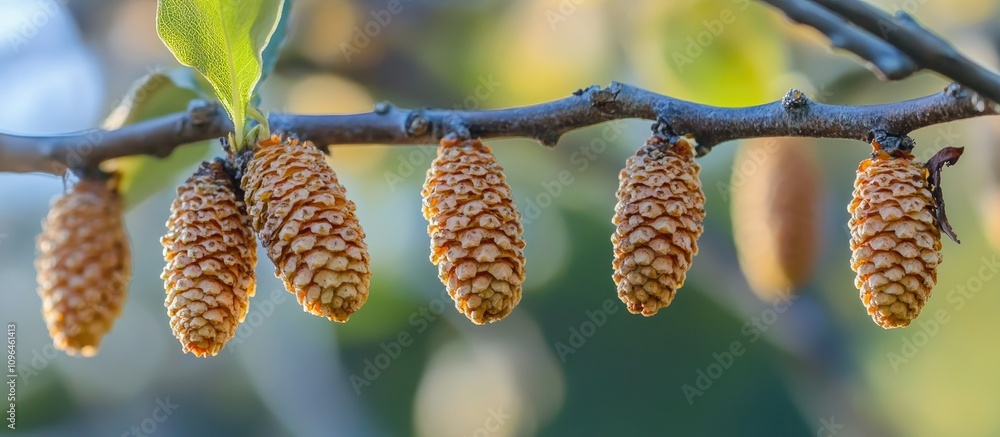Poster close up of tree branch with pine cones against a blurred natural background ideal for creating gree