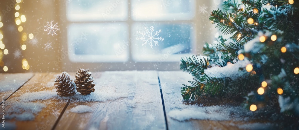 Poster winter table scene with decorated christmas tree branch pinecones and soft snowfall in a cozy indoor