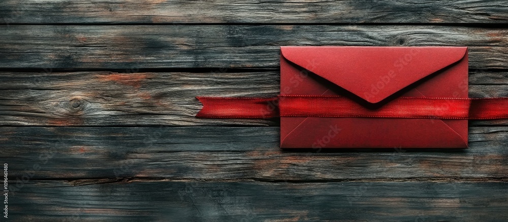 Aufkleber Red envelope with ribbon on aged wooden background creating a rustic and elegant setting for love letters or special messages