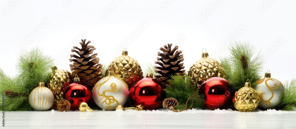 Aufkleber colorful christmas ornaments and pine cones arranged with greenery on a white background creating a 