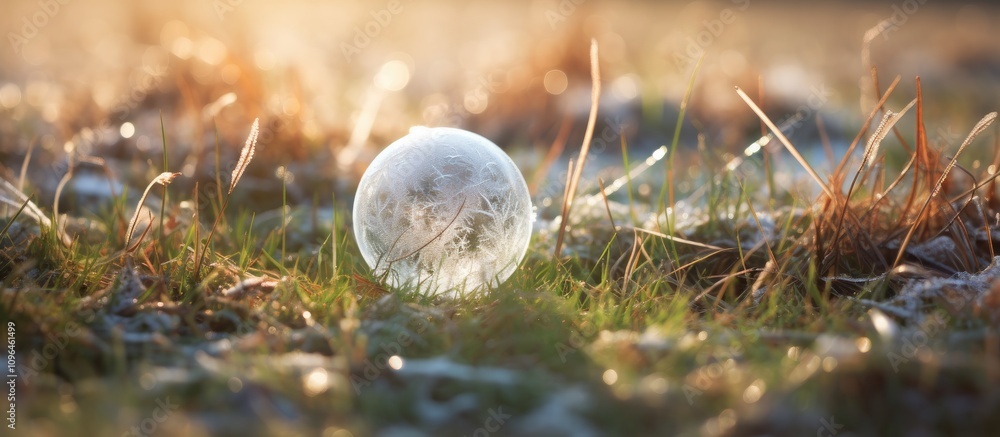 Poster christmas bauble resting on frosty grass in sunlight capturing the essence of a cold winter morning 