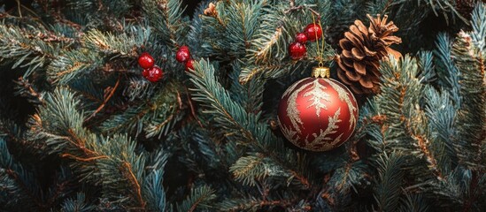 Festive red Christmas ornament hanging on evergreen tree branches with pinecone and berries for holiday decoration and celebration.