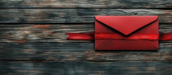 Red envelope with ribbon on aged wooden background creating a rustic and elegant setting for love letters or special messages