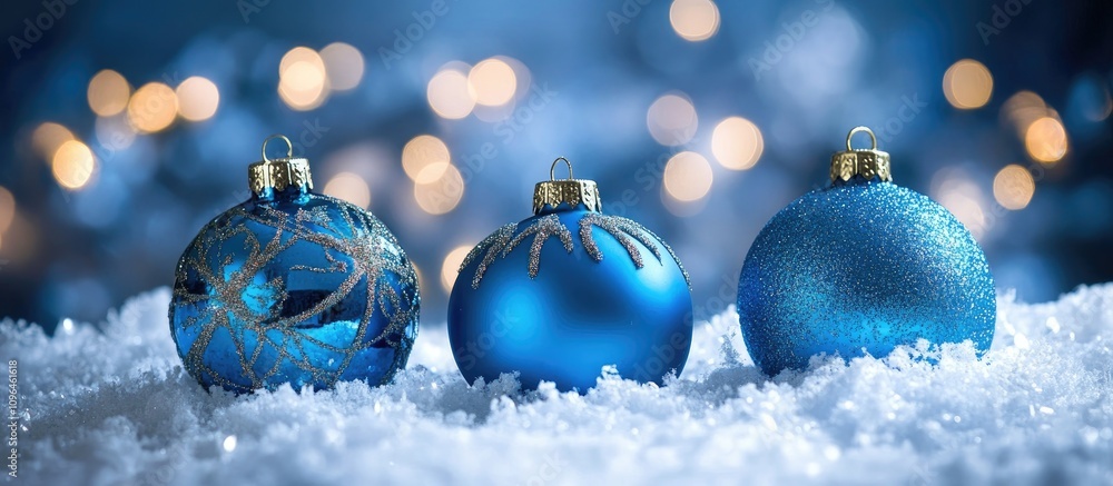 Aufkleber elegant blue christmas ornaments arranged on snowy backdrop with bokeh lights creating a festive atm