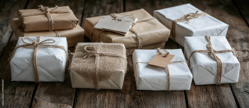 Aufkleber rustic gift wrapping in natural materials featuring jute and string on a wooden table creating a coz