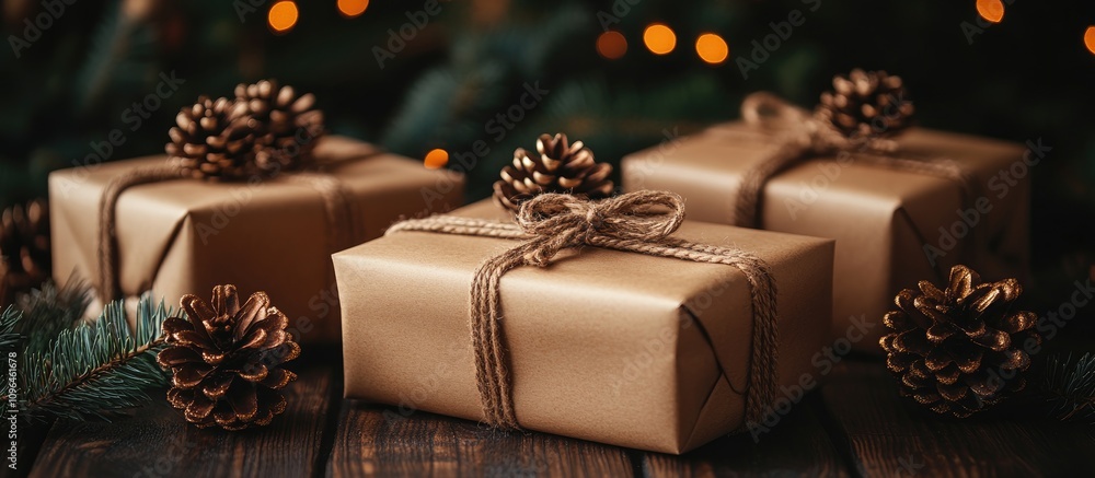 Poster rustic christmas gifts wrapped in kraft paper adorned with pine cones on wooden surface with warm bo