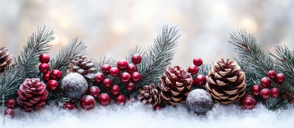 Aufkleber festive christmas decoration with pine branches berries and pinecones on snow background creating a 