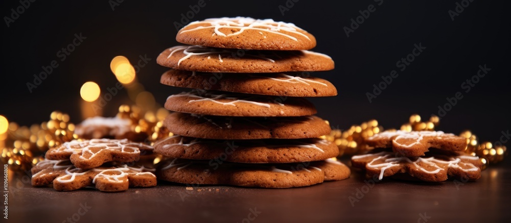 Poster gingerbread cookies stacked with festive lights and decorative elements on dark background