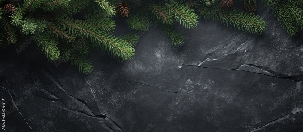 Poster christmas background with fir tree branches on dark stone surface creating a festive mood and empty 