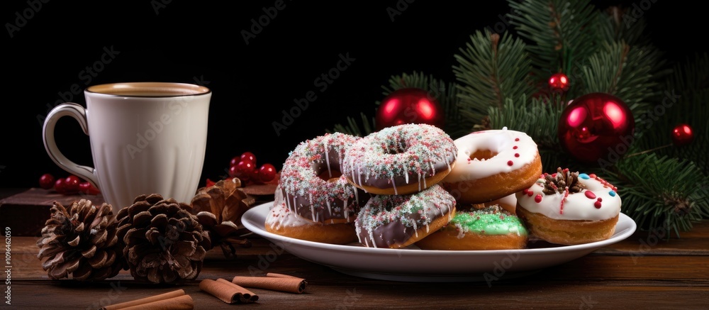 Poster festive chocolate donuts with icing and cocoa on a wooden table surrounded by holiday decorations an