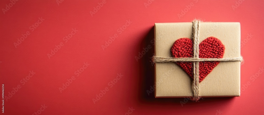 Poster Craft gift box with red heart on red background offering space for text in a flat lay composition ideal for Valentine's Day or special occasions