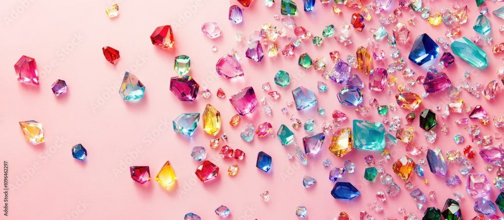 Poster multicolored faceted crystals scattered on a soft pink background creating a vibrant and stunning te