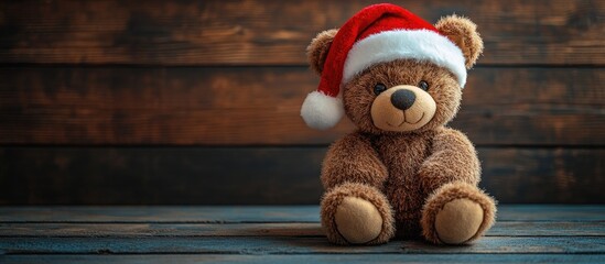 Obraz premium Christmas teddy bear in Santa hat against rustic wooden background for festive holiday decor and gift inspiration