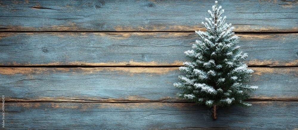 Poster snow-covered christmas fir tree on rustic wooden table with ample copy space for holiday greetings o
