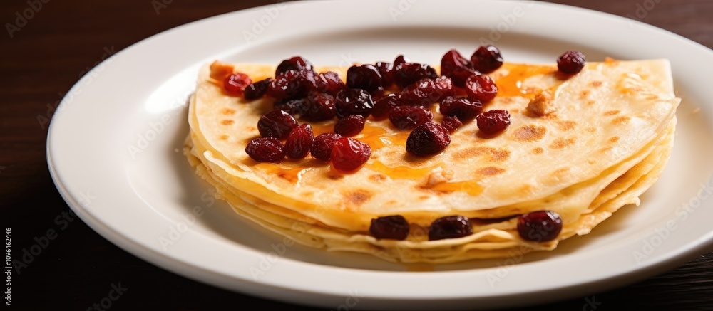 Wall mural Tortilla topped with sweet currants served on a white plate showcasing a delicious gourmet dish for culinary presentations