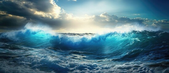 Vibrant blue ocean waves under dramatic skies with sunlight breaking through clouds at dawn or dusk