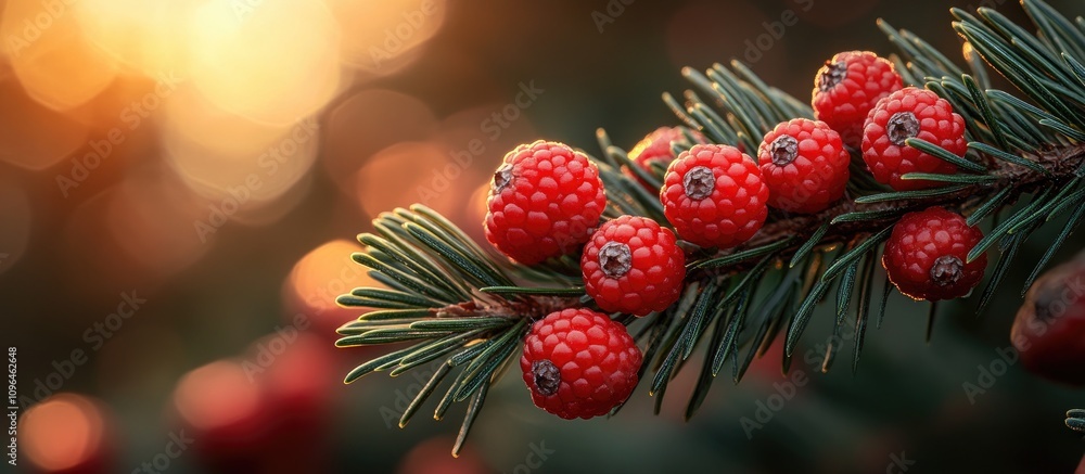 Poster pine tree branch with vibrant red berries illuminated by soft sunlight creating a bokeh background i