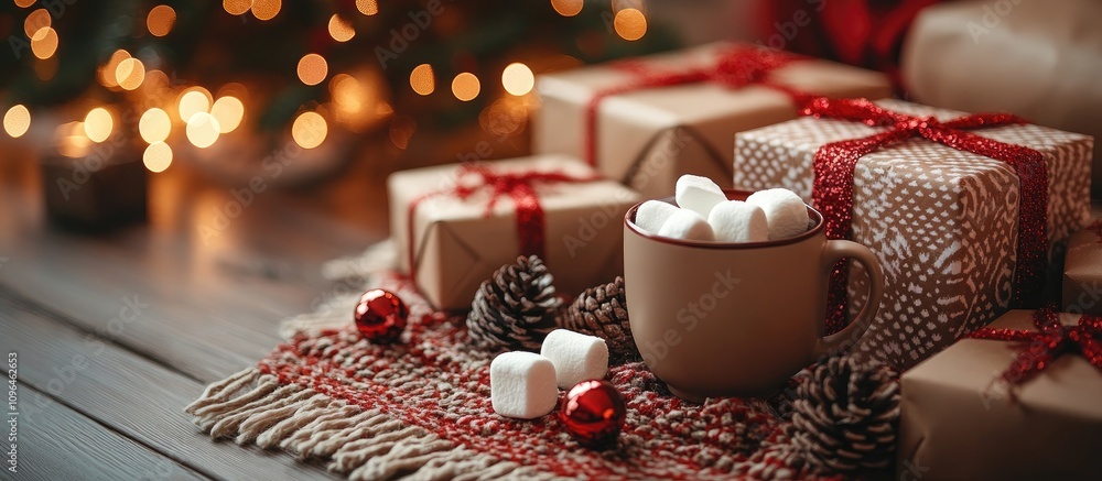 Poster cozy christmas scene with gifts and a cup of marshmallows under a decorated fir tree creating a warm