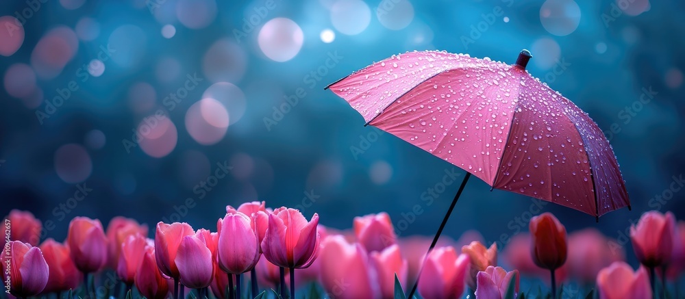 Wall mural vibrant spring tulips with a pink parasol in the background showcasing selective focus and shallow d