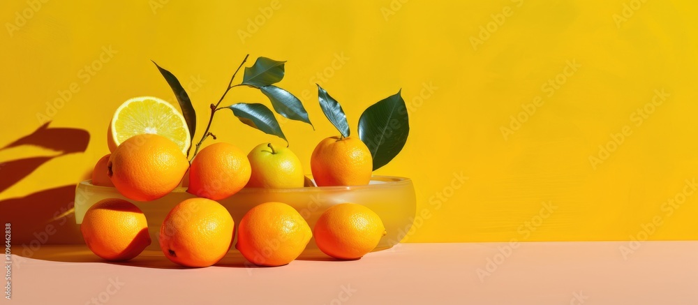 Aufkleber Vibrant fruit display on a bright yellow background showcasing summer minimalism and strong shadow play for artistic compositions.