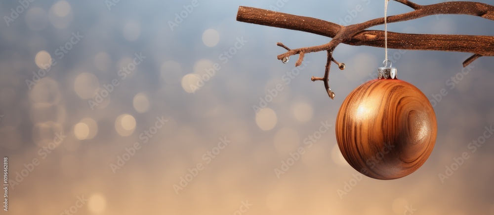 Aufkleber wooden christmas ornament hanging from branch with soft bokeh background creating a warm festive atm