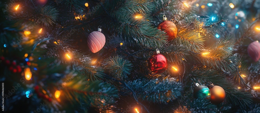 Poster festive close up of a beautifully adorned fir tree with sparkling decorative lights and colorful orn