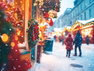 Christmas city and market in a snowfall
