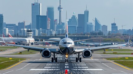 Boeing 737-800 Airliner Landing in Toronto with City Skyline in Background