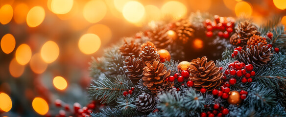Christmas wreath with pine cones and red berries in warm holiday lights