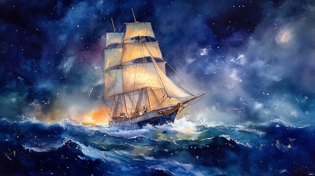 Sailing Ship at Night Under Starry Sky