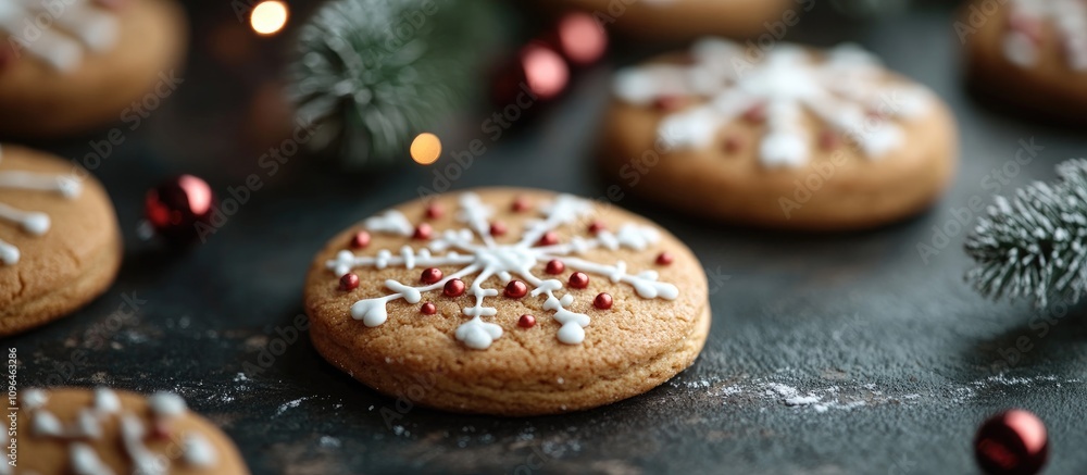 Poster festive gingerbread cookies adorned with icing and holiday decorations on a rustic background for ch