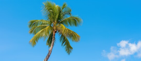 Lone coconut tree with lush green leaves set against a vibrant blue sky in a tropical paradise atmosphere