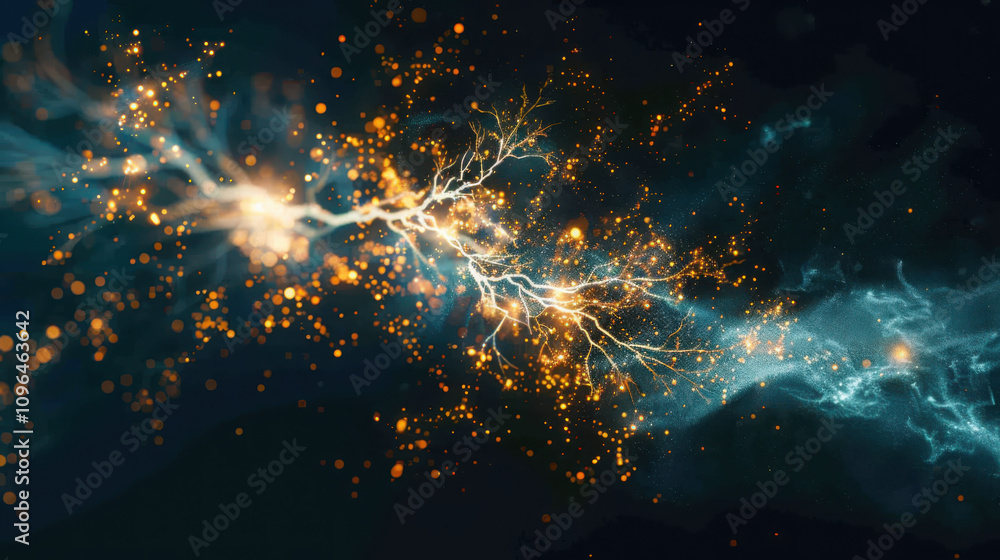 Poster visualizing neural interfaces exploring geometric brain-computer connections with luminescent data s