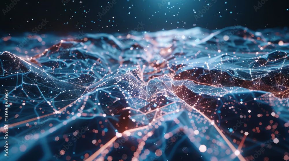 Poster visualizing neural interfaces exploring geometric brain-computer connections through luminescent dat