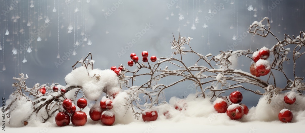 Poster winter holiday composition with twigs red berries apples white ornaments on snow background providin