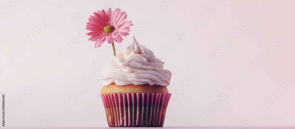 Poster cupcake topped with frosting and a pink flower against a soft white background perfect for desserts 