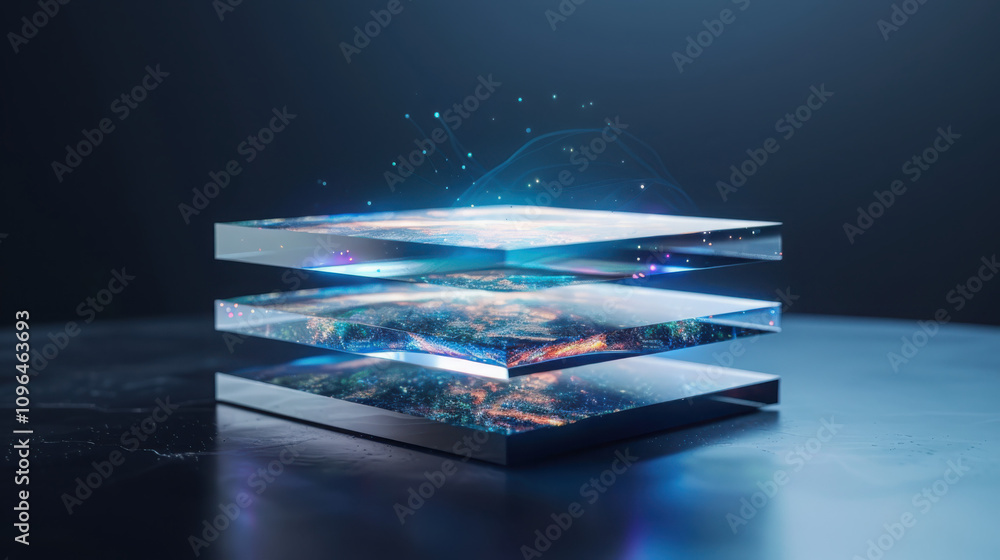Poster creating a futuristic holographic user interface with geometric floating menu system in a transparen
