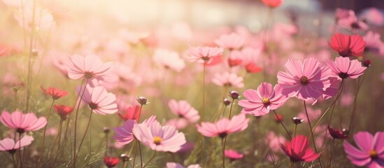 Vintage pink and red cosmos flowers in soft focus with a warm retro film tone creating a dreamy garden atmosphere