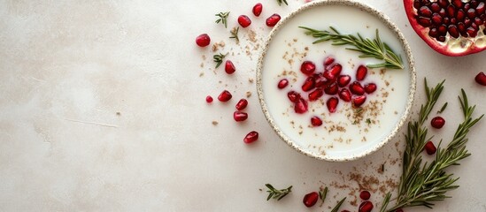 Christmas coconut punch adorned with pomegranate seeds and rosemary sprigs set on a light background in an overhead view festive arrangement