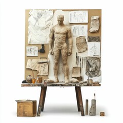 Clay sculpture, artist's tools, and sketches on display.
