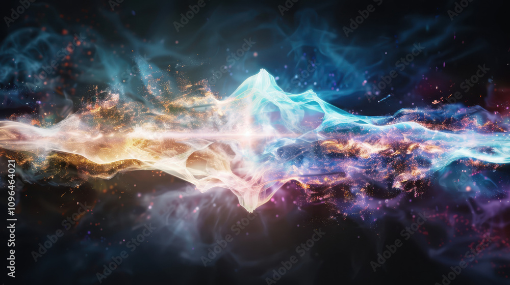 Poster visualizing quantum teleportation geometric state transfer in soft electric colors within an abstrac
