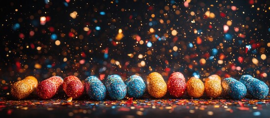 Colorful celebratory crackers and confetti creating a festive atmosphere against a dramatic black background for party themes and celebrations