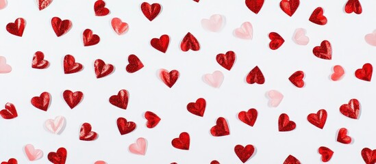 Red and pink heart confetti spread across a white background ideal for romantic celebrations and festive occasions