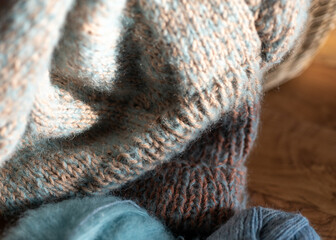 close-up view of beautiful needlework in process, needlework concept, home production, beautiful knitted, crocheted work